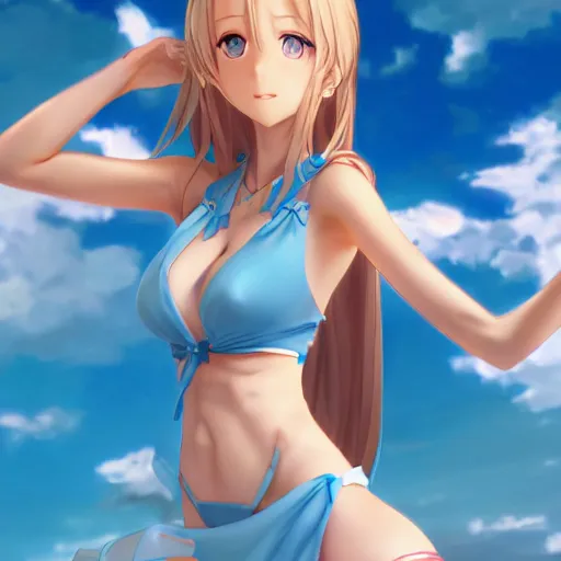 Image similar to a very beautiful mature yuuki asuna, full body, long wavy blond hair, sky blue eyes, full round face, bikini, miniskirt, front view, mid - shot, highly detailed, cinematic wallpaper by stanley artgerm lau