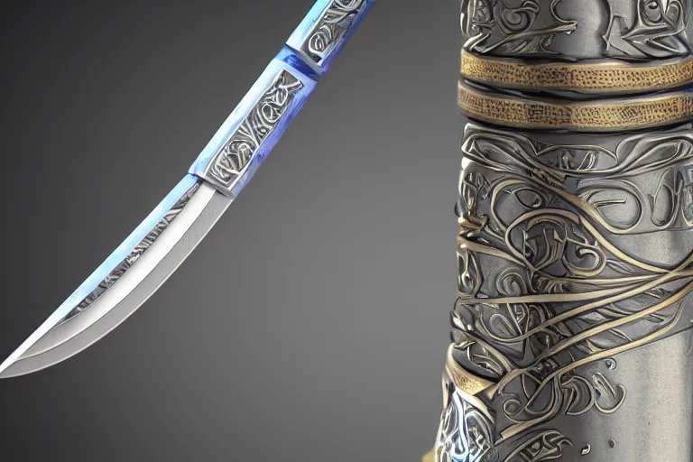 Image similar to arabian saber, object, close - up, blue edge, curved blade, obsidian metal, artstation, intricate