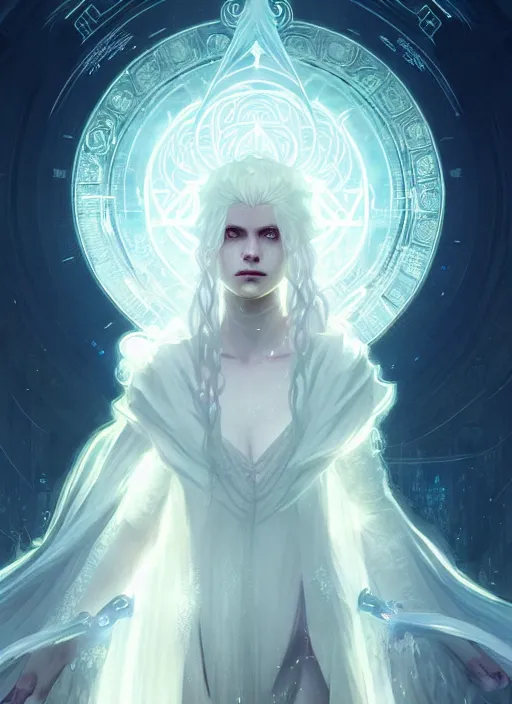 Prompt: a beautiful white haired princess, intricate concept art, ethereal, ominous, mysterious, enchanted, magic, dramatic lighting, illuminated lines, outrun, vaporware, illuminated rune symbols, cyberpunk darksynth, dark background, 8 k, by ruan jia and krenz cushart and alphonse mucha