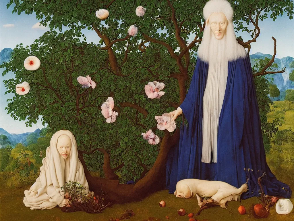 Image similar to Portrait of albino mystic with blue eyes, with beautiful exotic anemone. Landscape with orchard in bloom. Painting by Jan van Eyck, Audubon, Rene Magritte, Agnes Pelton, Max Ernst, Walton Ford