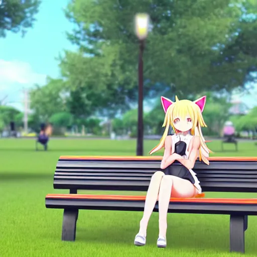 Prompt: 3 d photo of an anime girl with cat ears and long blond hair looking to her side, sitting on a bench with a park behind her, bokeh, shader, anime art style, highly detailed, cel - shaded, colorful, animated, trending