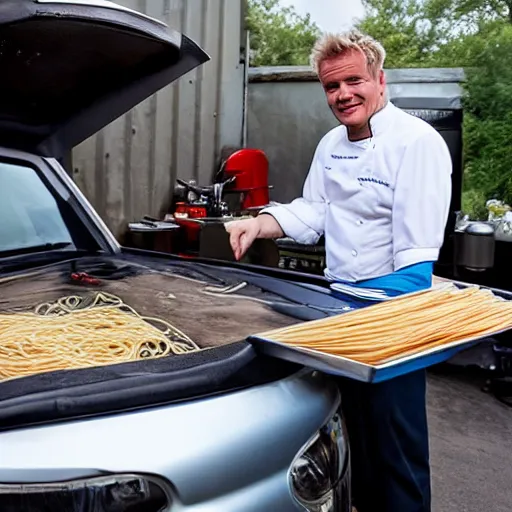 Image similar to <photo hd>Gordon Ramsey cooking spaghetti on the hood of his car</photo>