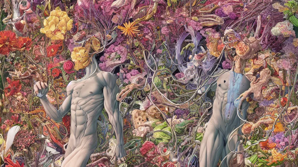 Image similar to highly detailed illustration of a human anatomy body exploded by all the known species of flowers by juan gatti, by makoto shinkai, by moebius!, by oliver vernon, by joseph moncada, by damon soule, by manabu ikeda, by kyle hotz, by dan mumford, by kilian eng