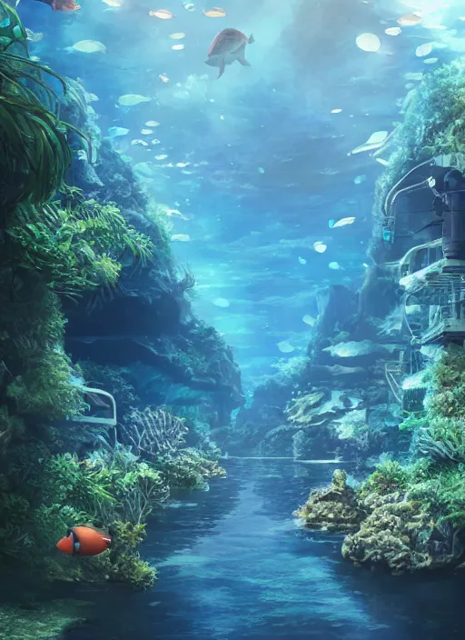 Prompt: fantastic space. aquarium underwater corridor. people observing lots of clear fish. water droplets, highly detailed, artstation trend, highly detailed and intricate, studio ghibli, makoto shinkai, no blur, photography, unreal engine 5
