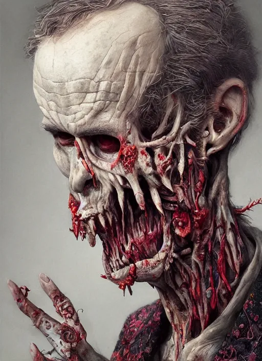 Image similar to a beautifully rendered portrait of an upright and fed up intricately hand - carved zombie wearing a floral embroidered blazer, by gerald brim and tom bagshaw and beksinski, trending on artstation, 8 k, full subject in frame, upright