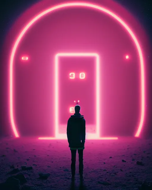 Image similar to a person standing in front of a glowy open door that's on a barren moon, poster art by mike winkelmann, trending on cg society, space art, sci - fi, ue 5, futuristic, volumetric lighting, light casting onto the ground, neat composition and camera angle