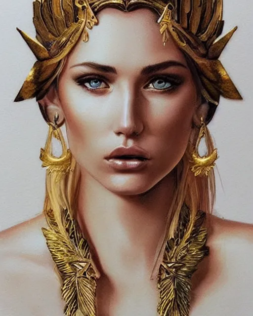 Image similar to tattoo design sketch of hot blonde super model as aphrodite greek goddess wearing a gold laurel wreath and triangle earrings, beautiful piercing gaze with sharp pupils, in the style of greg rutkowski, fantasy, amazing detail, epic, elegant, smooth, sharp focus, front view