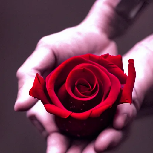 Prompt: a red rose with thorns and leaves growing seemingly from my open hands, wide angle, photoreal, volumetric light, skin blending plant, dramatic, amazing, stunning, by greg rutkowski