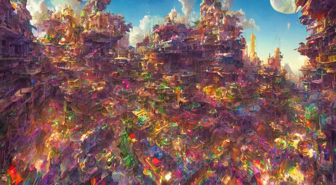 Image similar to bazaar zouk place aladin block greeble multicolorful sky shine mattepainting, street art, trending on artstation, by huang guangjian and gil elvgren and sachin teng