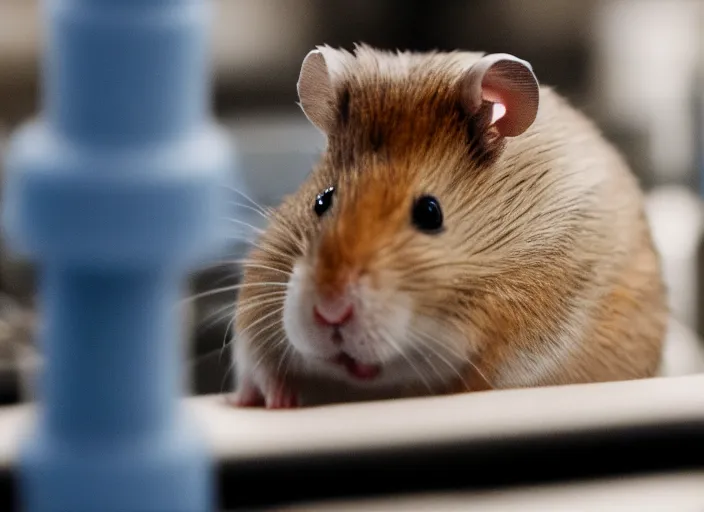 Image similar to film still of a hamster working in a research lab filling test tubes, 8 k