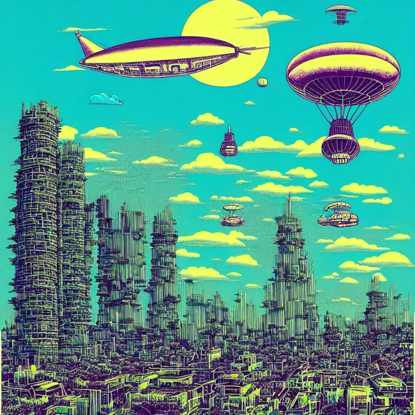 Image similar to surreal glimpse into other universe, mahanakorn tower with airship floating n the sky, summer morning, very coherent and colorful high contrast, art by!!!! joan miroi!!!!, geof darrow, floralpunk screen printing woodblock, dark shadows, hard lighting, stipple brush technique,