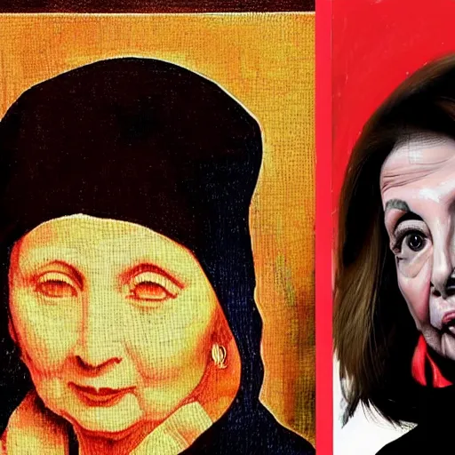 Prompt: a painting of xi jinping yelling at nancy pelosi, in the style of mona lisa,