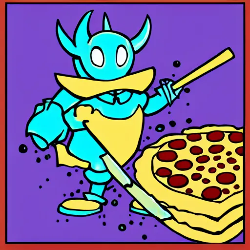 Image similar to shovel knight!!!!!! at his birthday party with pepperoni!! pizza by alessandro allori