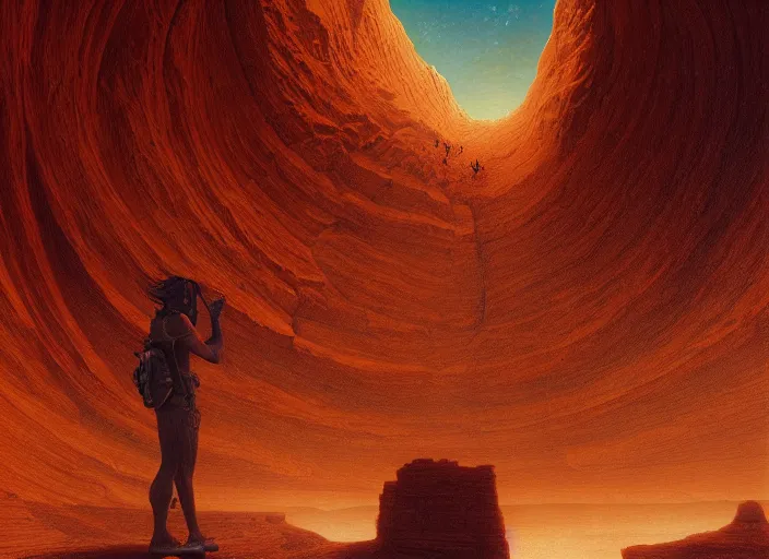 Image similar to a silhouette in front of a martian canyon, by jean delville and sophie anderson and mandy jurgens, golden ratio, perfect composition, elegant, no crop, extremely detailed, hd, masterpiece, artstation