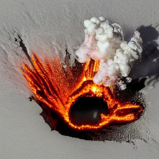 Prompt: erupting volcano on small spitting delicious donuts