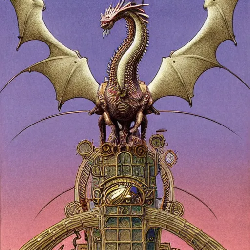 Prompt: steampunk dragon, highly detailed, artstation, in the style of moebius, jugendstil and classic japanese print, art by rene magritte and jean delville