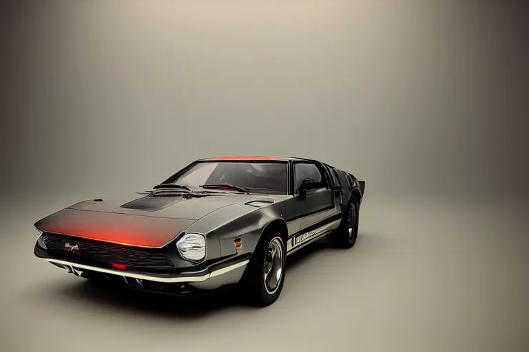 Image similar to designed by john delorean stylized poser of a single 1 9 6 9 fastback mustang ( mk 2 ford gt 4 0 ) delorean, large led lights, ektachrome photograph, volumetric lighting, f 8 aperture, cinematic eastman 5 3 8 4 film