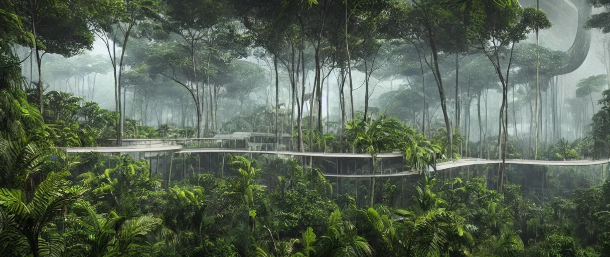 Prompt: architecture inspired by oscar niemeyer deep in the rainforest. nature is taking over. matte painting by ivan laliashvili. unreal engine 5 render. atmospheric. cinematic.