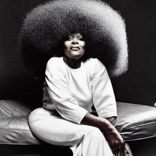 Prompt: donald trump with afro wearing 1 9 7 0 s bellbottoms clothing, black and white, full body profile, sitting on vintage leather sofa, vogue cover, dramatic lighting