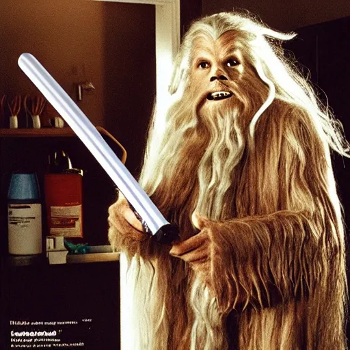 Prompt: gandalf as chewbacca, shampoo hair dryer, hair dryer advertisement