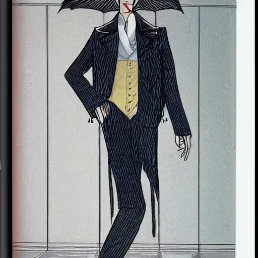 Image similar to A photgraphic portrait of the character, Desire, a tall, smiling androgyne with black hair and a grey pinstripe suit, studio lighting, medium shot, Life Magazine, 1978, Vertigo Comics, The Sandman written by Neil Gaiman, against a stormy sky