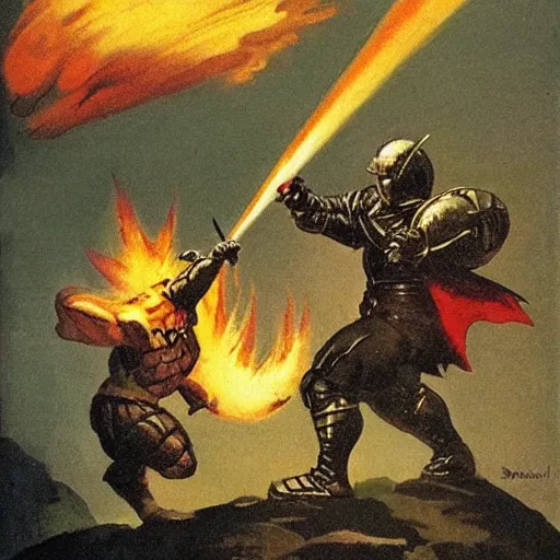 Prompt: baby knight shielding himself from a dragon breathing fire by Frazetta