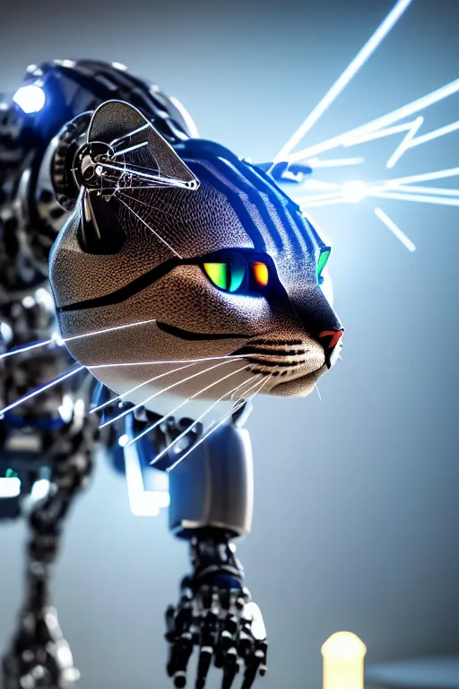 Prompt: realistic detailed photo of the mechanical robocat, symmetry, awesome exposition, very detailed, highly accurate, intricate, professional lighting diffracted lightrays, 8 k, sense of awe, science magazine cover