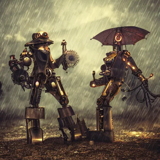 Image similar to steampunk robot warriors battling each other in heavy rain, ground fog, @, moody lighting, 8 k, lightning, shallow depth of field, cinematic lighting,