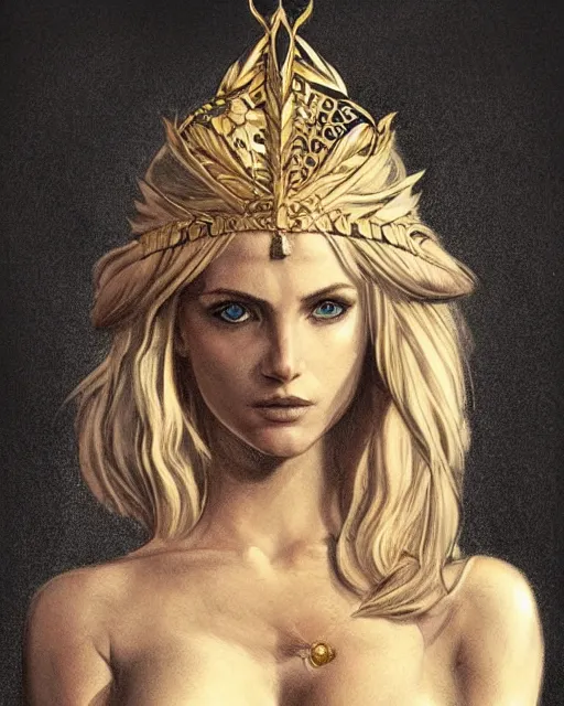 Image similar to tattoo design sketch of hot blonde super model as aphrodite greek goddess wearing a gold laurel wreath and triangle earrings, beautiful piercing gaze with sharp pupils, in the style of greg rutkowski, fantasy, amazing detail, epic, elegant, smooth, sharp focus, front view