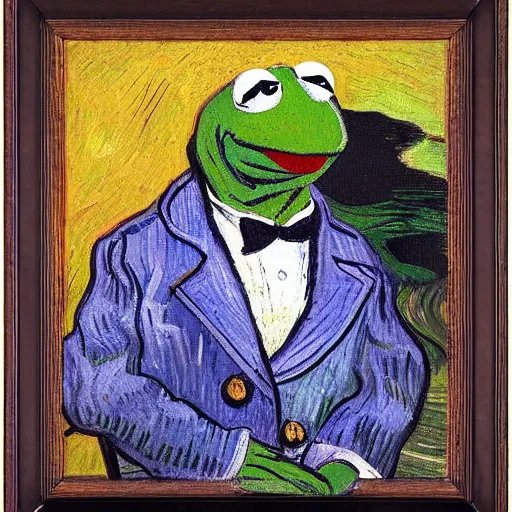 Image similar to kermit portrait, oil painting, visible brush strokes, by van gogh