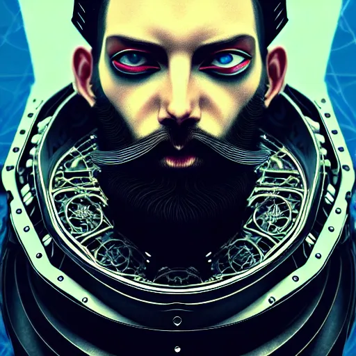 Image similar to bearded man with extremely large and intricate eye cyberpunk bionics with angry blue eyes and slim features looking askance, eye cyberpunk bionics, retro futurist style, intricate, elegant gleaming intricate baroque jewelry, angelic halo, highly detailed, digital painting, artstation, concept art, smooth, sharp focus, illustration, art by wlop, mars ravelo and greg rutkowski,