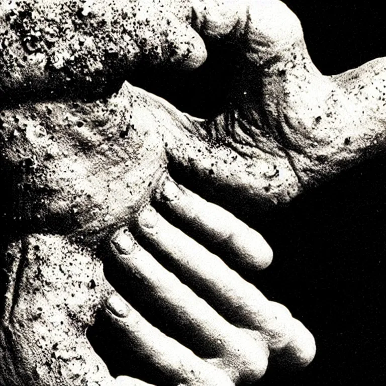 Image similar to “a vintage photograph of a close up on a melting hand, photorealistic, sci-fi, Romero”