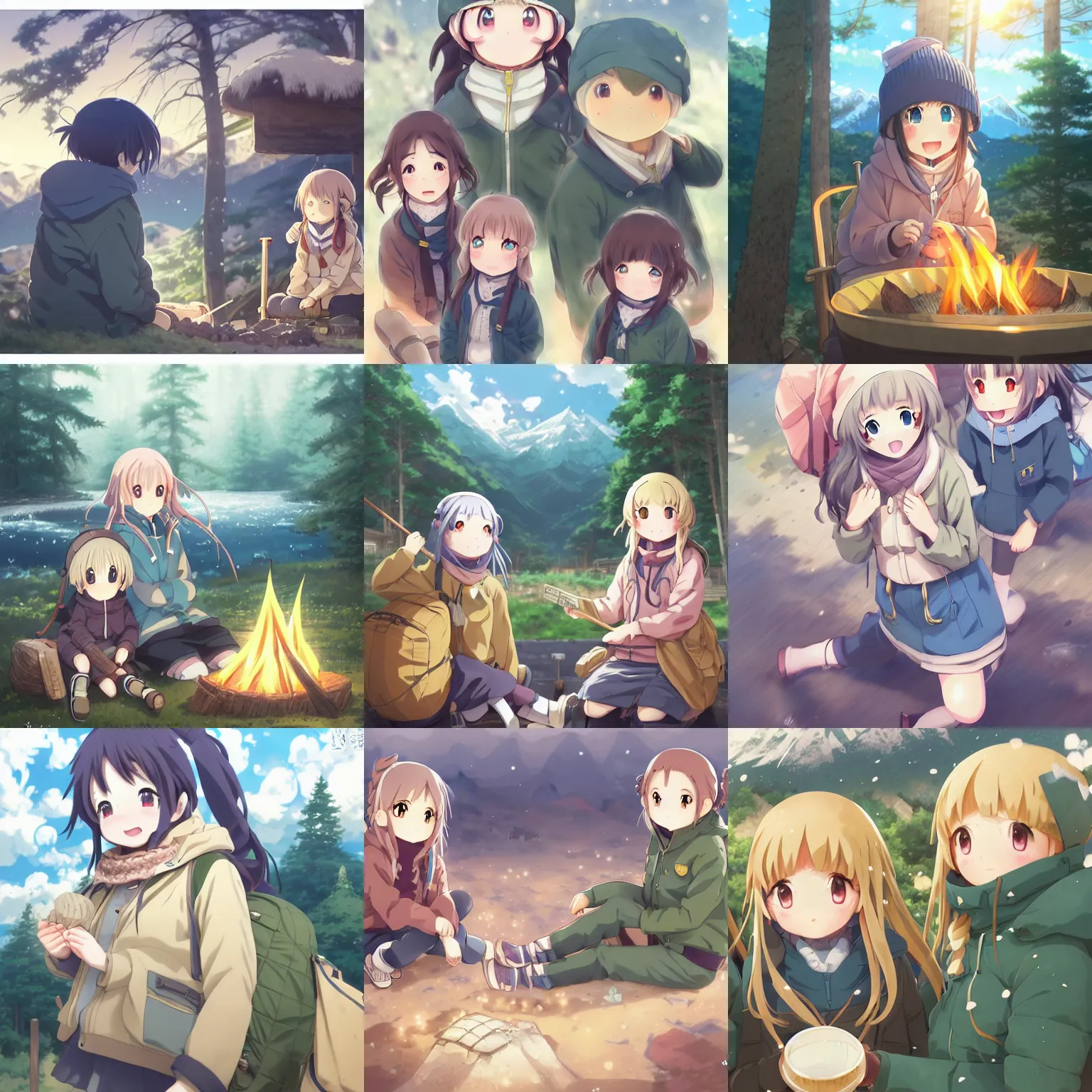 Image similar to anime yuru camp yama no susume cute girls around campfire trending on artstation hyperdetailed shining eyes cute moe Insanely detailed faces Unreal Engine 4k 8k ultra HD illustration digital pixiv concept art Award Winning manga cover by Stanley Artgerm Lau, WLOP, Rossdraws, James Jean, Andrei Riabovitchev, Marc Simonetti, and Sakimichan