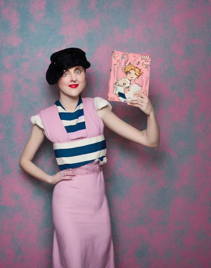 Image similar to a person with the proportions of a Funko Pop, posing for a portrait, wearing 1920s attire, muted colors, studio lighting, pink striped wallpaper backdrop, 8k