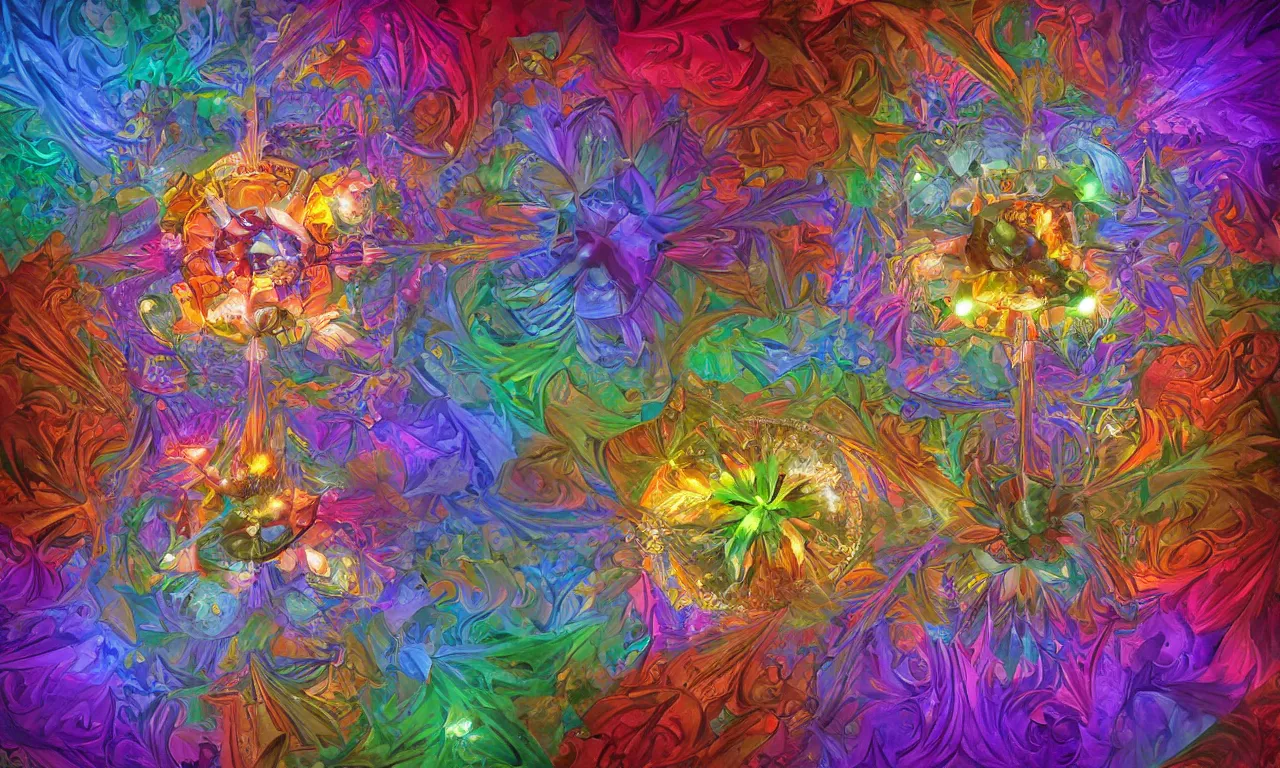 Image similar to voronoi engine laboratory 3 d volume kaleidoscope mandala fractal chakra digital multicolor stylized concept substance by artgerm, rossdraws, norman rockwell, magali villeneuve, gil elvgren, alberto vargas, earl moran, enoch bolles radiating a glowing aura global illumination ray tracing hdr