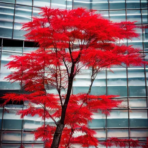 Image similar to a single red japanese maple in a dystopian city