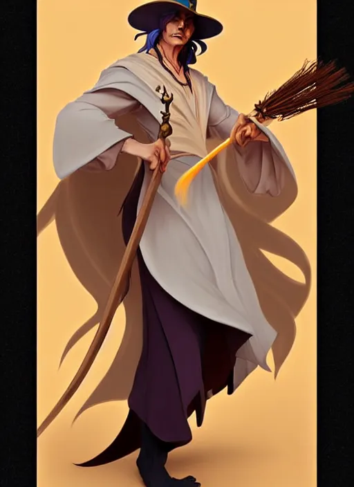 Prompt: elegant fantasy wizard based on johnny depp holding a broom natural lighting, path traced, highly detailed, high quality, digital painting, by don bluth and ross tran and studio ghibli and alphonse mucha, artgerm
