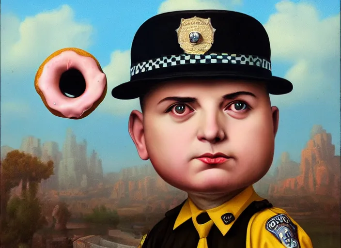 Prompt: a police officer made of donut, lowbrow, matte painting, 3 - d highly detailed, in the style of mark ryden,