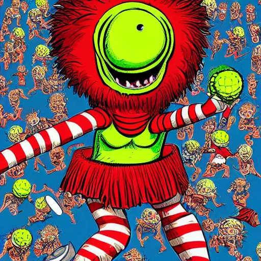 Image similar to a where waldo tennis ball monsters, colorful, digital art, fantasy, magic, chalk, trending on artstation, ultra detailed, professional illustration by basil gogos