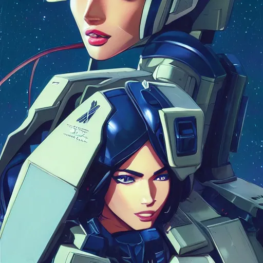 Image similar to portrait of beautiful megan fox gundam pilot, with an intricate, detailed, urban inspired hiphop afro futuristic helmet, vector behance hd jesper ejsing, rhads, makoto shinkai, lois van baarle, ilya kuvshinov, rossdraws, hd, 3 2 k, ilya kuvshinov, gustav klimt