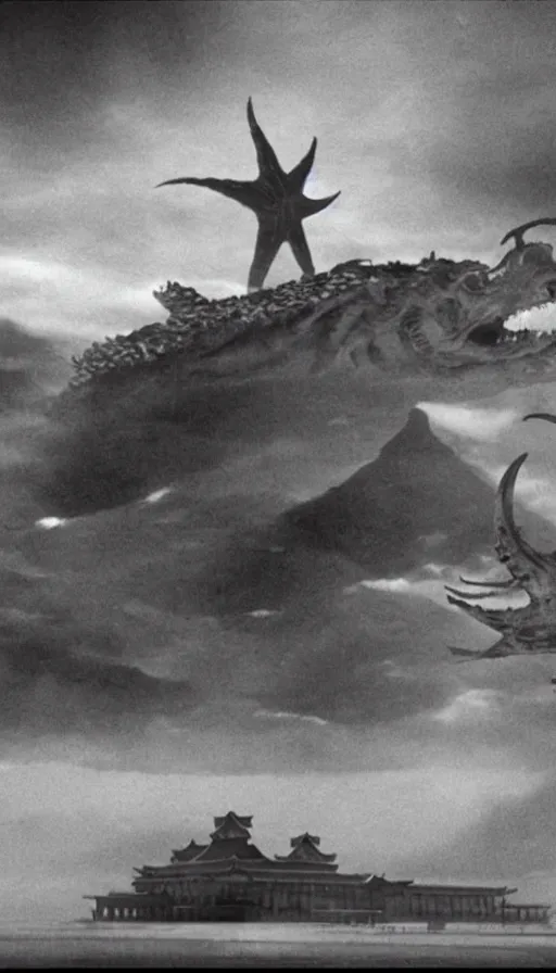 Image similar to a filmstill of a north korean monster movie, kaiju - eiga monster with starfish - arms trampling a traditional korean palace, foggy, film noir, epic battle, etheral, explosions, communist propaganda, communist epic thriller produced by kim jong - il, cinematography by akira kurosawa and tim burton, video compression