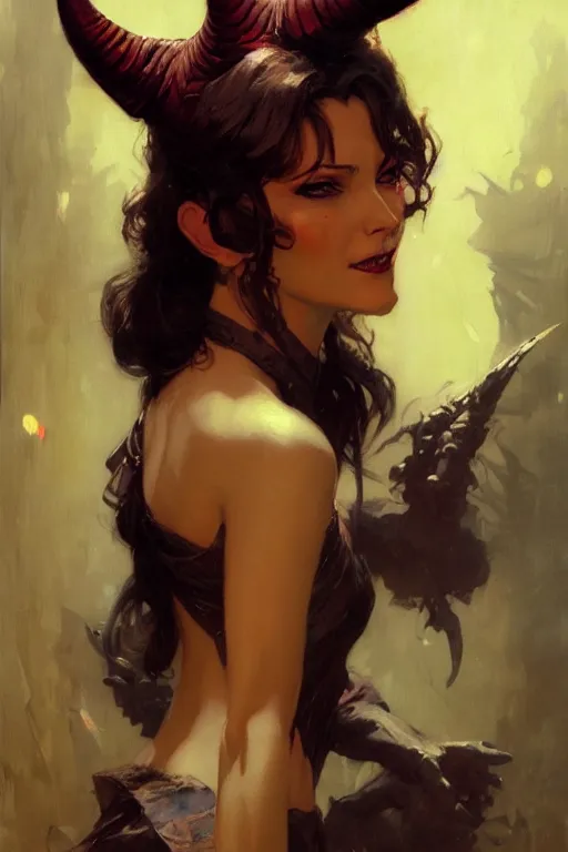 Prompt: well dressed woman in a suit with a sly smile and demon horns portrait dnd, painting by gaston bussiere, craig mullins, greg rutkowski, yoji shinkawa