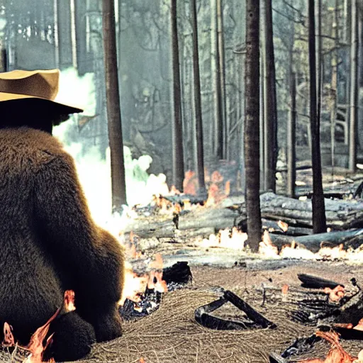 Image similar to smokey the bear watching his family being burnt alive in a forest fire