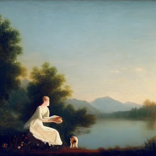 Image similar to a beautiful girl with a beautiful face wearing white dress, a dog, john martin landscape, lake, evening