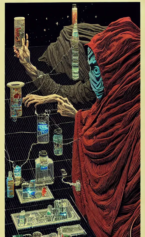 Image similar to ancient cloaked wizard mixing potions in his laboratory, high details, intricately detailed, by vincent di fate, inking, 3 color screen print, masterpiece, trending on artstation,, sharp, details, hyper - detailed, hd, 4 k, 8 k