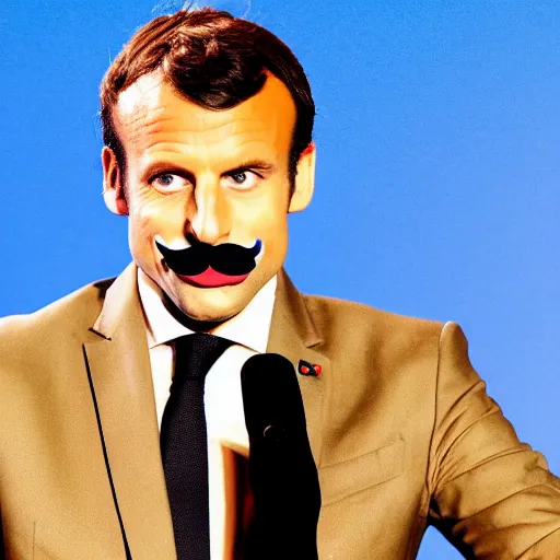 Prompt: Emmanuel macron with Freddie Mercury mustache, big mustache