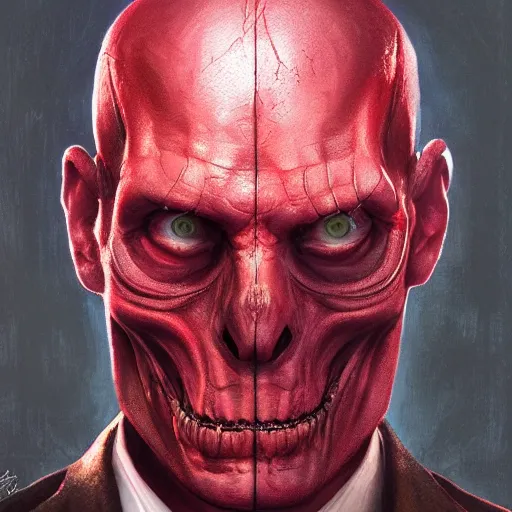 Image similar to Mitch McConnell as Red Skull, cinematic movie poster, elegant, intricate, headshot, highly detailed, digital painting, artstation, concept art, sharp focus, illustration, art by artgerm and greg rutkowski and alphonse mucha