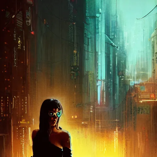 Image similar to molly millions, portrait of a young beautiful cyberpunk woman, mirror eye implants, black hair in a rough shag, street samurai, sunset, neuromancer, cyberpunk city background, megacity, gorgeous view, depth, painted by seb mckinnon, high detail, digital art, painted by greg rutkowski, trending on artstation