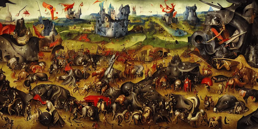 Prompt: heroes of might and magic gameplay in style of hieronymus bosch paintings, painting, gameplay, high detailed, dark fantasy, dark tones, buildings, armored units, red flags, cavalry, rpg, high detailed, contrast, octane render, mill, farm, creative