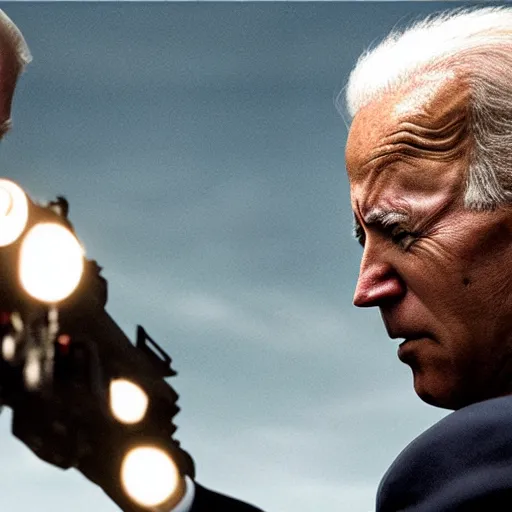 Image similar to joe biden is a terminator shooting donald trump, cinematic, establishing shot, extremly high detail, photorealistic, cinematic lighting, style by James Gurney